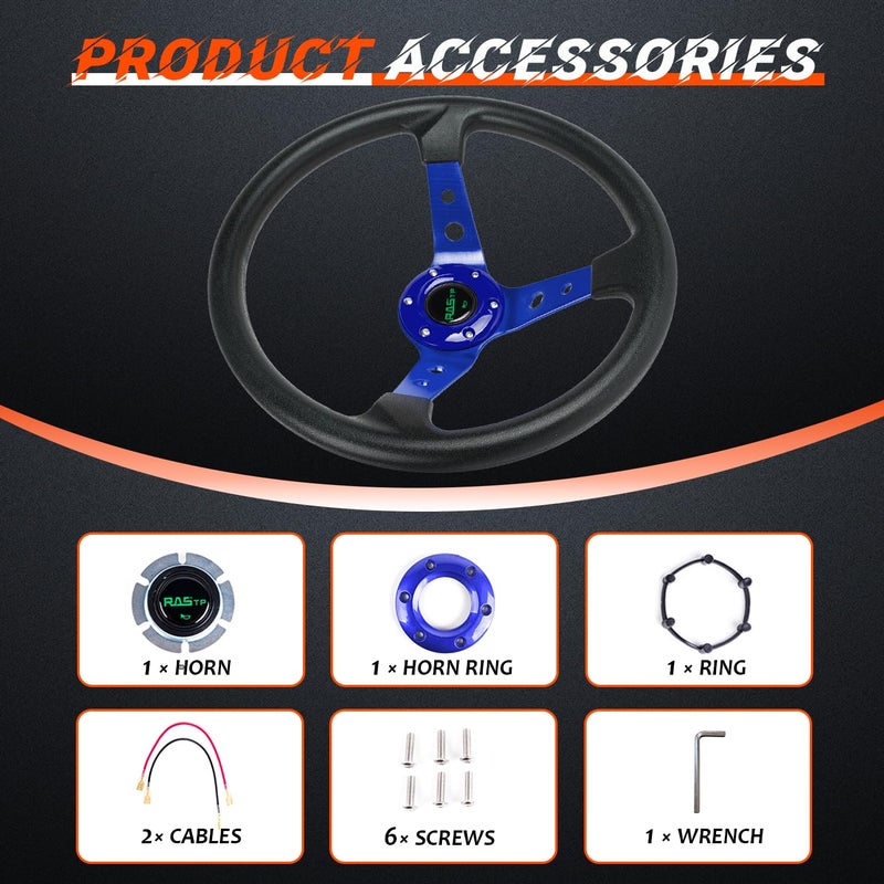 RASTP Universal Racing Steering Wheel,Drifting Deep Dish Steering Wheel 13.8â€/350mm 6 Bolts Grip Vinyl Leather & Aluminum with Horn Button for Car -Blue - Image 4